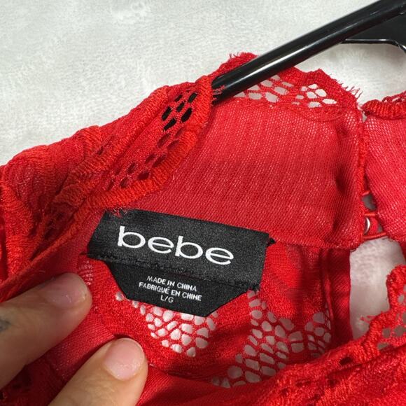 bebe Red Goth Lace Keyhole Back Top LG | Vintage Y2K Sheer Floral High Neck - Picture 2 of 11